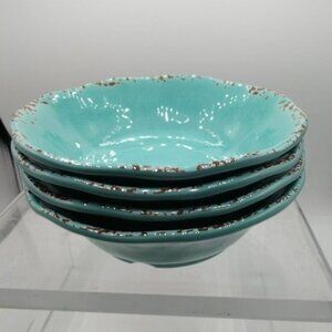 Tommy Bahama Turquoise Crackle Glaze Ceramic Bowls Set Of 4 With Rustic Distress